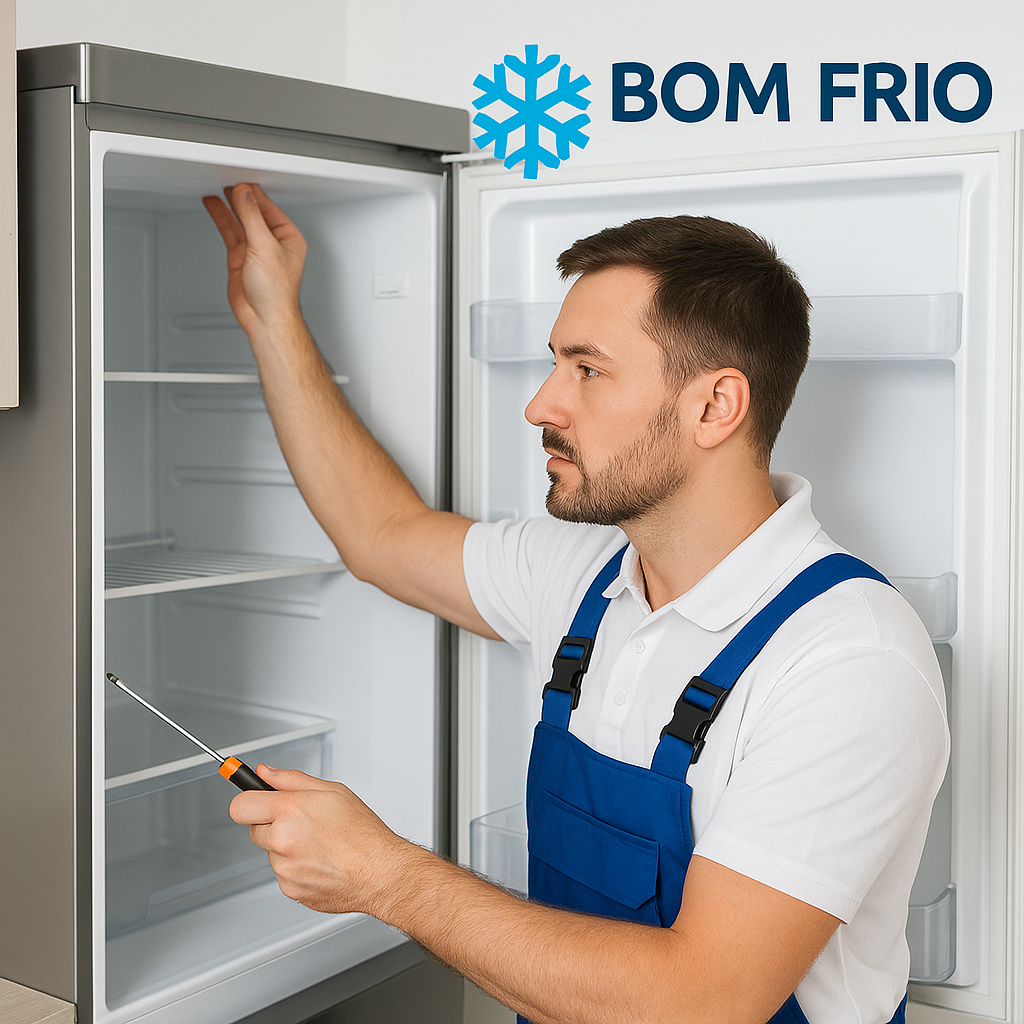 Técnico consertando geladeira no Benfica – Bom Frio Refrigeração
