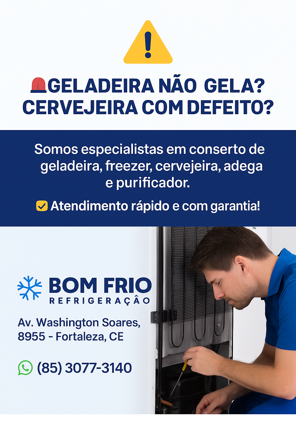 Técnico consertando geladeira no Edson Queiroz – Bom Frio Refrigeração